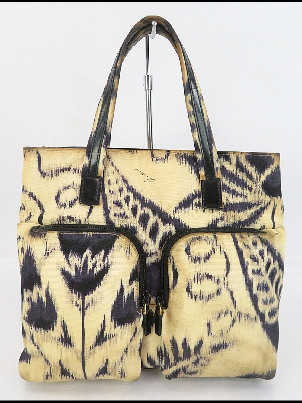Gucci Yellow and Black Patterned Canvas Tote with Dual Front Pockets